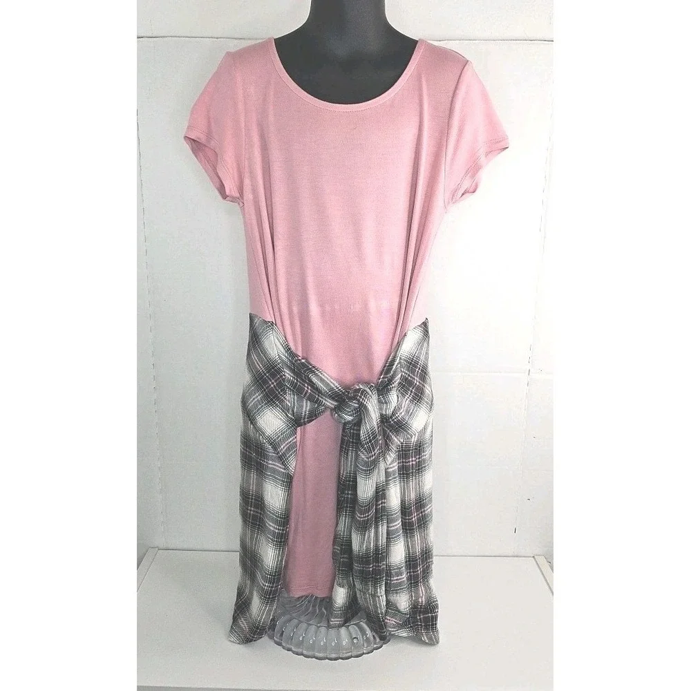 Justice Pink Dress w/ Faux Black Pink Flannel Shirt Tie Dress Size 8